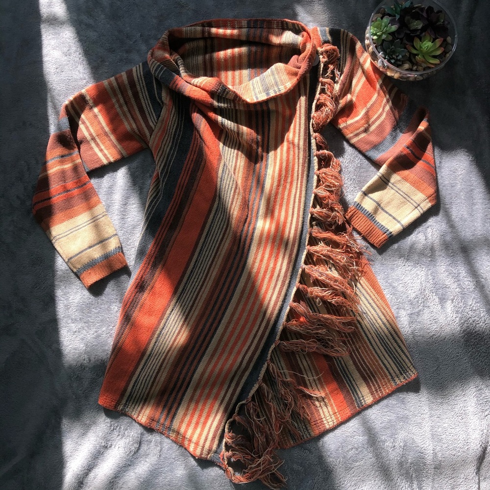 Orange brown blue and tan wrap cardigan M/L